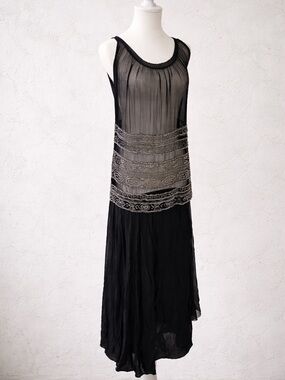 Vintage Silk Sheer Beaded Dress Art Deco Black Embellished